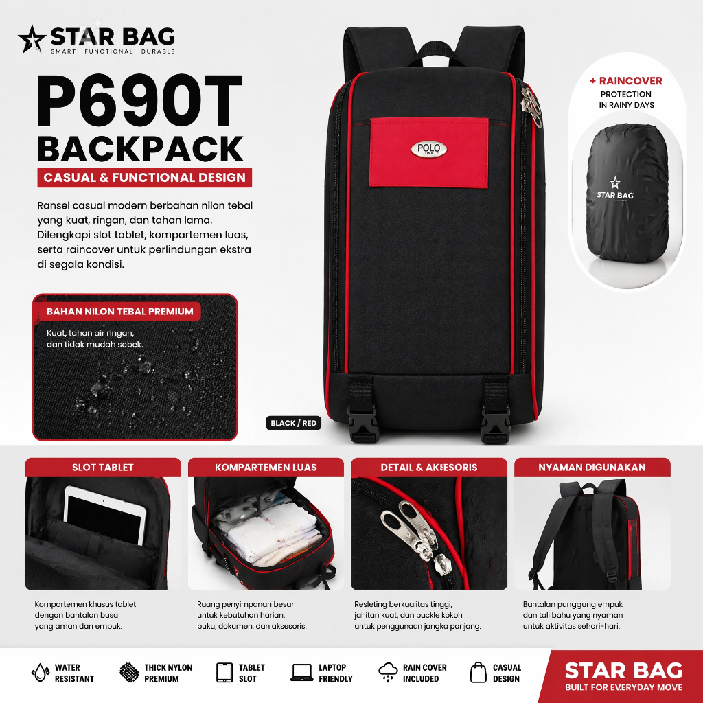 POLO USA Tas Pria Tas Ransel Pria Backpack Laptop Backpack Tabung + Raincoat