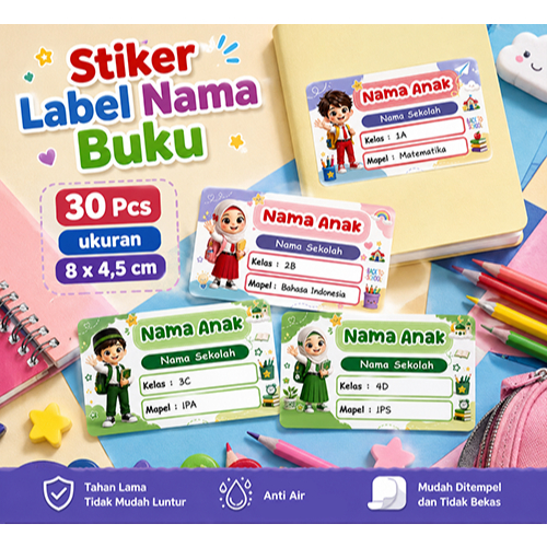 Stiker Label Nama Buku Anak Sekolah SD Custom Nama 30 Pcs Karakter Lucu