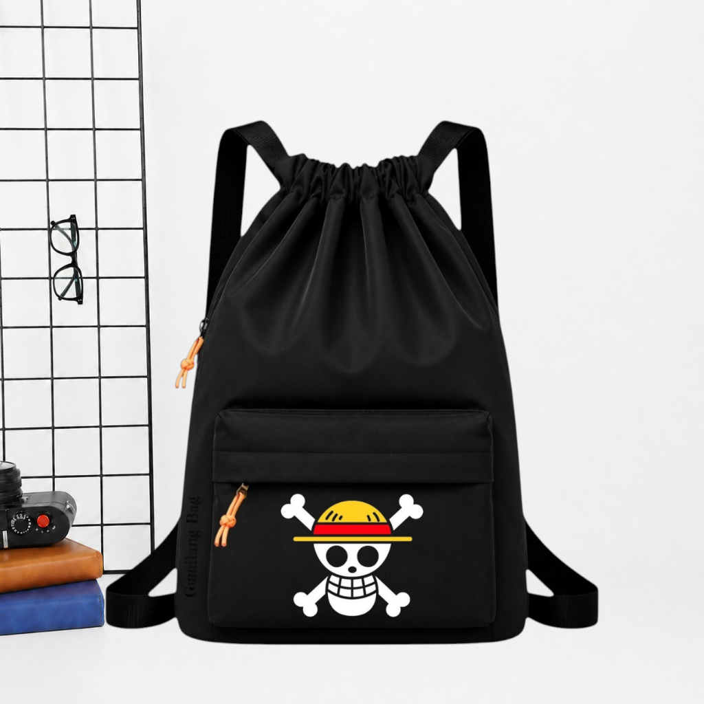 Tas Serut Pria wanita Backpack String Bag Sekolah Olahraga Ransel Serut Aesthetic Motif Luffy Hitam 