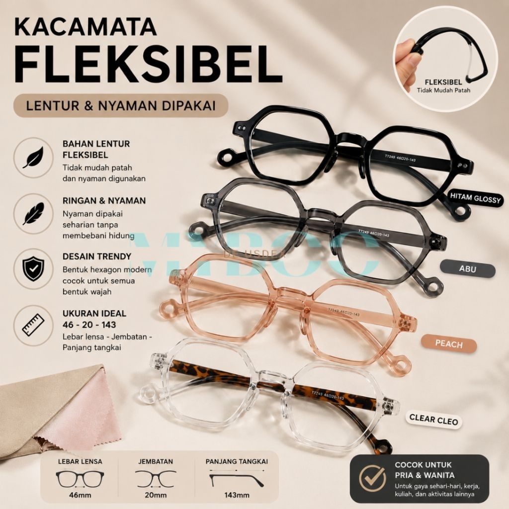 Frame Kacamata Segi Enam Premium Pria Wanita Lensa Anti Radiasi Blueray Photocromic Bluecromic