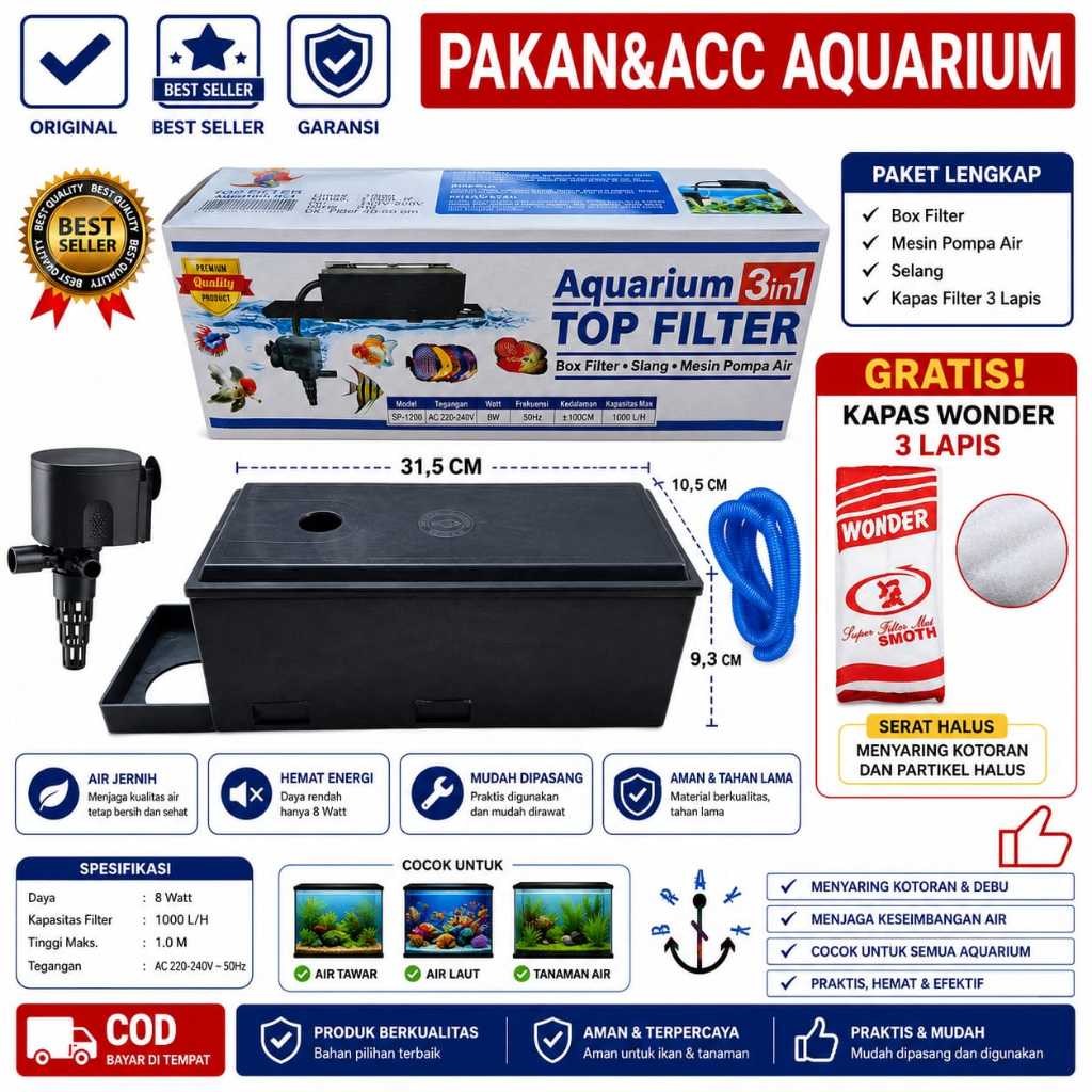Pompa Filter Komplit Top Filter Box Aquarium 3 In 1 Top Filter SP 1200 Garansi (BOX LEBIH BESAR)