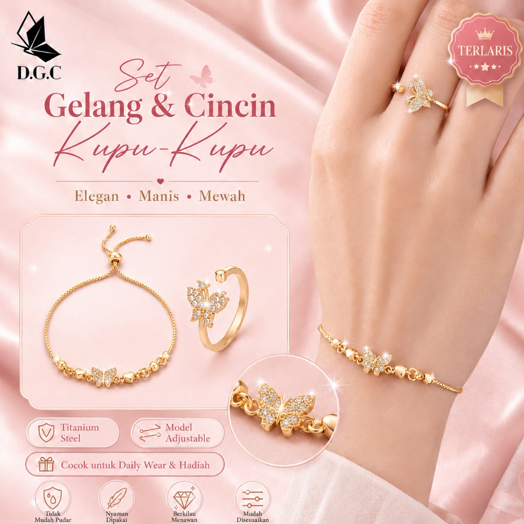 TERBARU D.G.C[COD]Set Perhiasan Titanium Asli Anti Karat Gelang Dan Cincin Elegan Kupu Desain Wanita