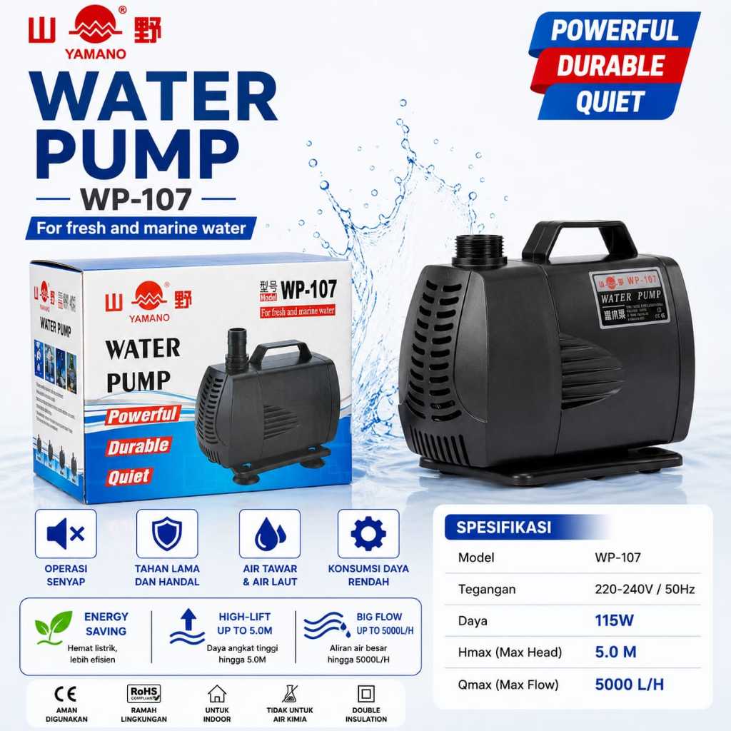 Pompa Kolam Ikan Koi 5000 Liter/H - Mesin Air Terjun Celup Low Watt Submersible Aquarium Water Pump 
