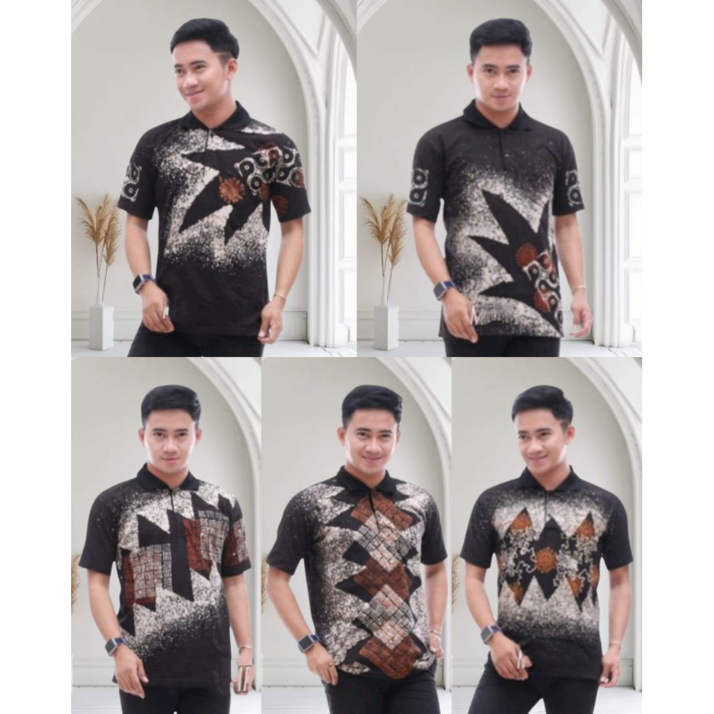 Kaos Polo Kerah Pria Dewasa Motif Etnik Batik Cap Kombinasi Abstrak Lilin