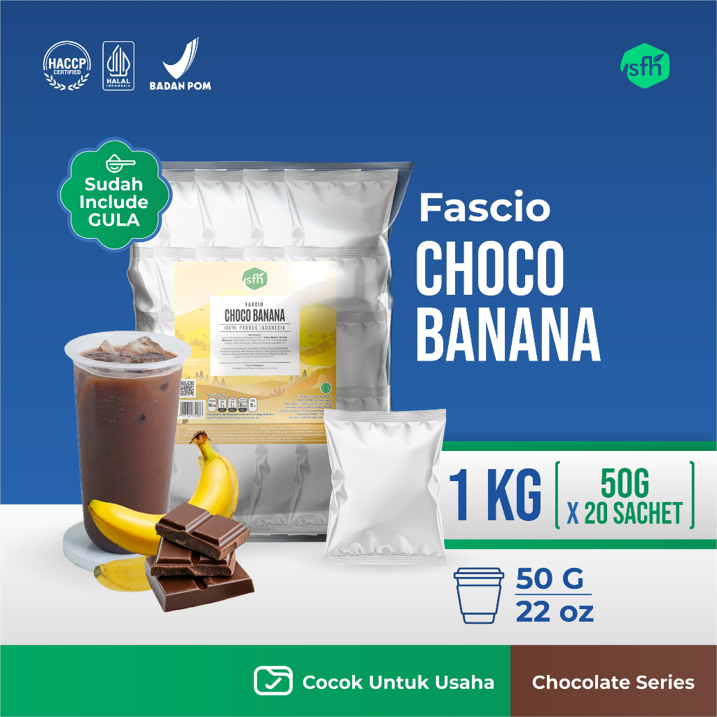 FASCIO - Bubuk Minuman Choco Banana 50 gr Isi 20 Pcs / Serbuk Minuman Rasa Coklat Pisang Instan untu