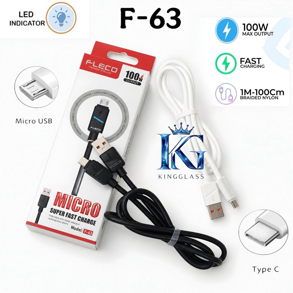 Kabel Data Fleco F-63 Micro USB / Type-C Fast Charging 100W LED Indicator 1M Charger Android [SR]
