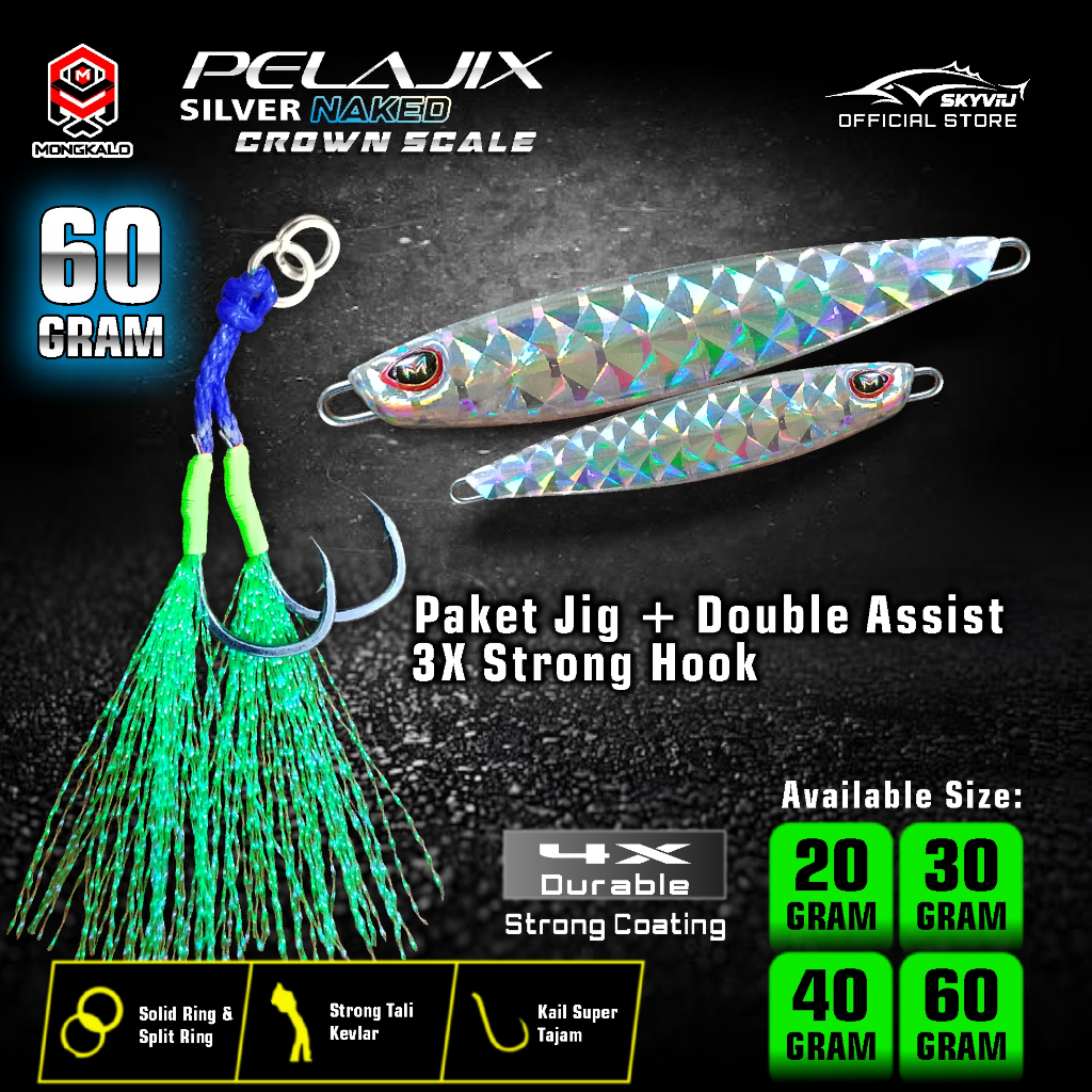Umpan Pancing Metal Jig 60 Gram MONGKALO PELAJIX Silver Hologram 60gram 1 Set Double Kail Assist Hoo
