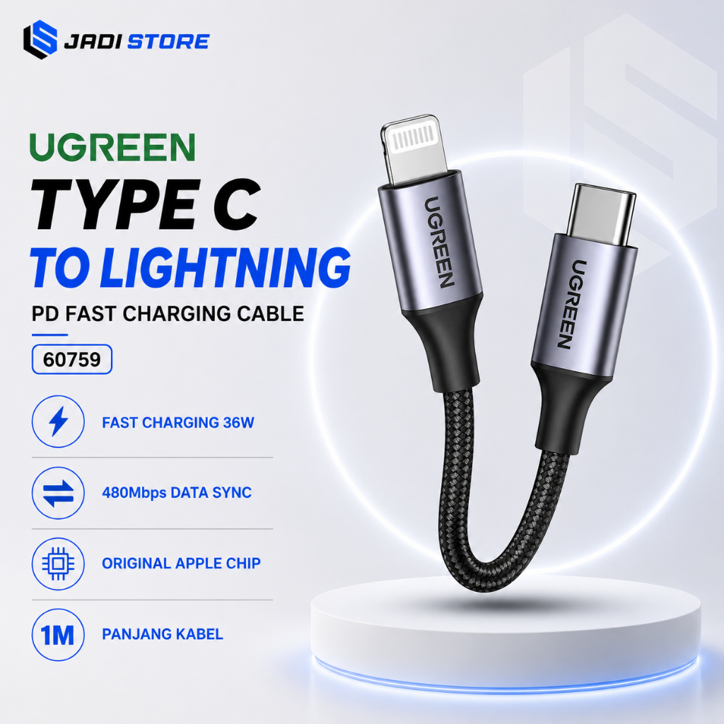 UGREEN Kabel Data Type C to Lightning iPhone PD Nylon Braided Kabel Charger Tipe C Fast Charging 3A 