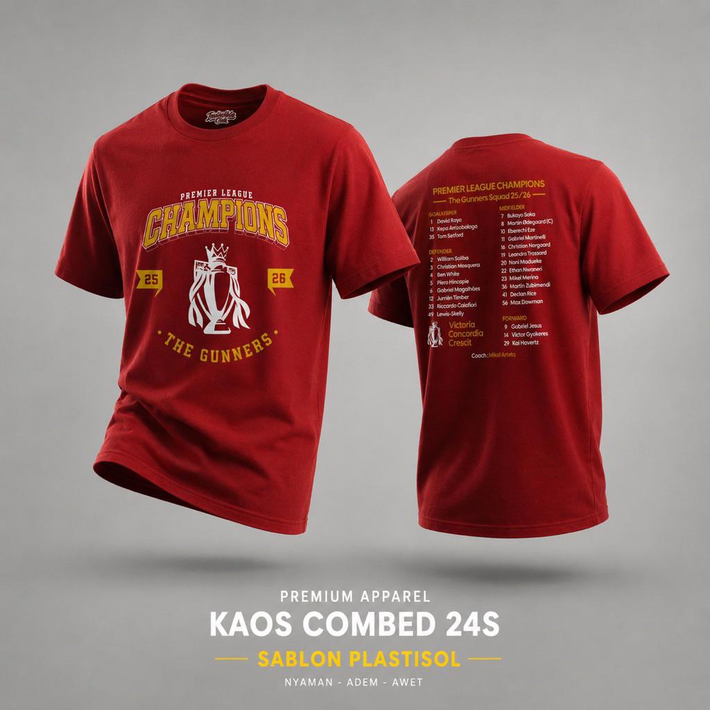 Kaos arsenal champions | Kaos cotton combed 24s, Sablon plastisol