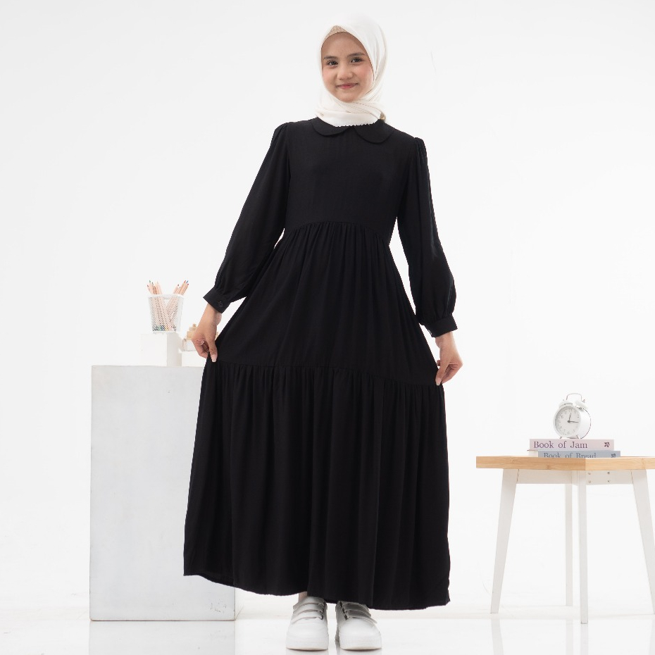 Gamis Anak Hitam Polos Kain Katun rayon Twill Tebal Adem Gamis Anak Tanggung Warna Hitam KoreanStyle