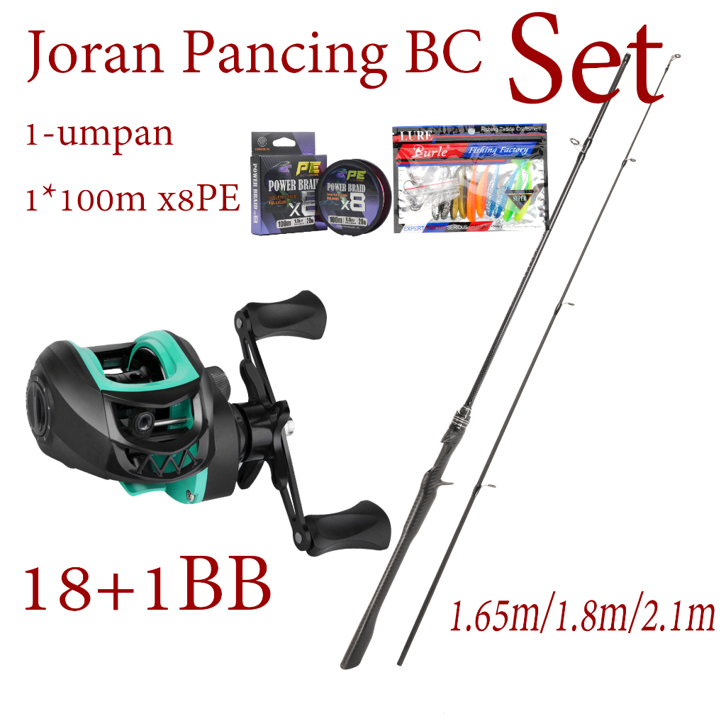 Paket Set Joran Pancing Carbon BC 1.65m 1.8m 2.1m & Reel Baitcasting 18+1BB Lengkap Bonus Senar PE X