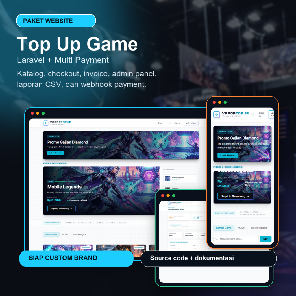ID TECH Website Top Up Game Laravel Payment Gateway Voucher Member Admin Laporan