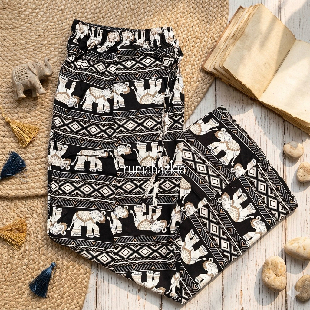 Celana Kulot Katun Rayon Motif Gajah Ukuran Standar dan Super Jumbo