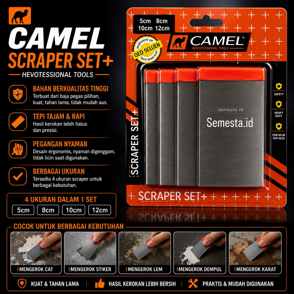 Kape Set Camel 4 Pcs | Set Kape Baja Lentur & Kuat | Alat Kape Dempul Tembok Kayu Besi – Lengkap, An