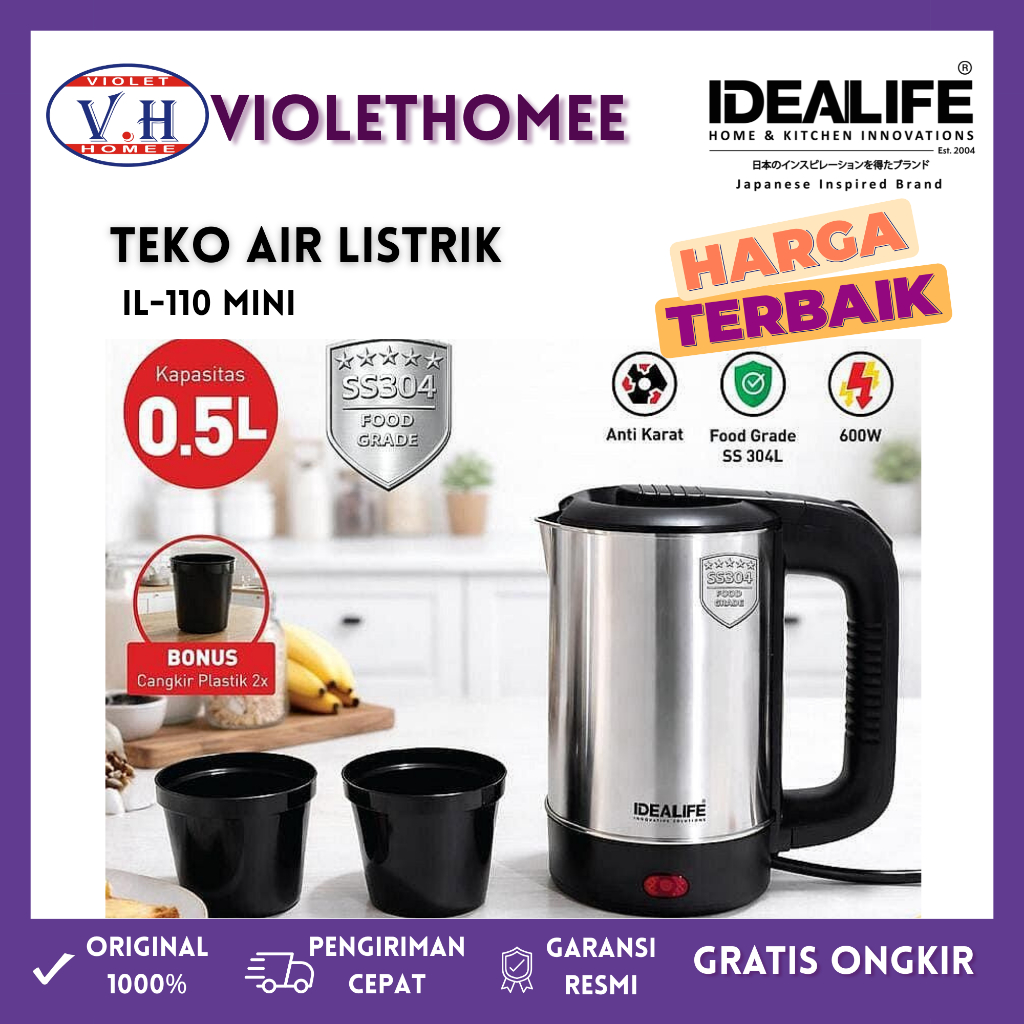 IDEALIFE Kettle Electric IL110 Mini - Pemanas Air IL 110 Stainless 500 ml / Teko Listrik Mini Auto O