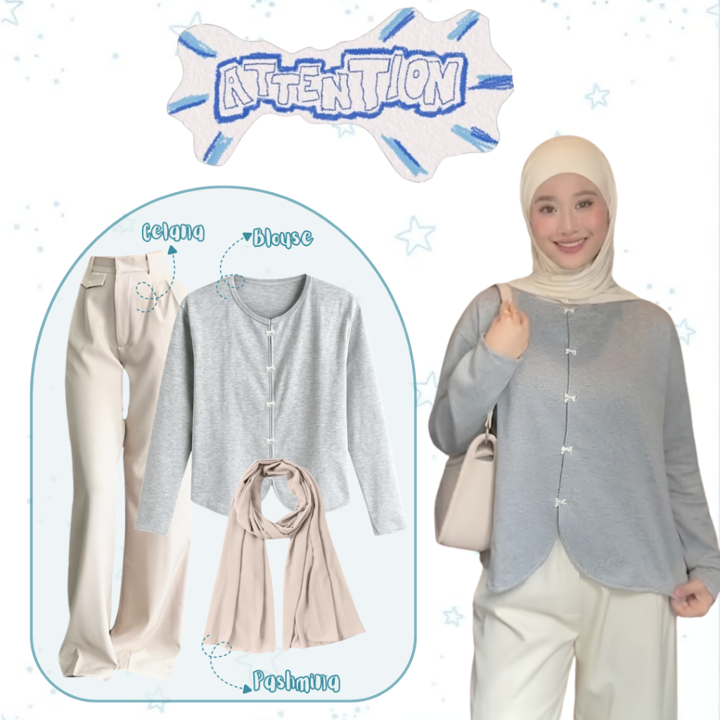 Outfit Wanita Korean Style 3in1 / Attention Blouse + Celana Semiwool + Pashmina Jersey Premium / Set