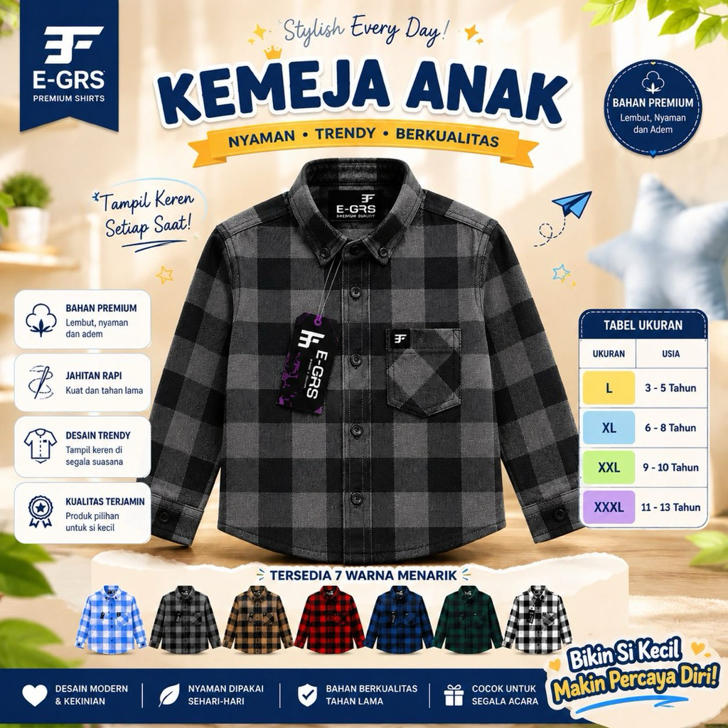 Kemeja Flanel Anak Laki Laki Lengan Panjang Kemeja Kotak Kotak Anak Usia 3-13 Tahun Atasan Anak Laki