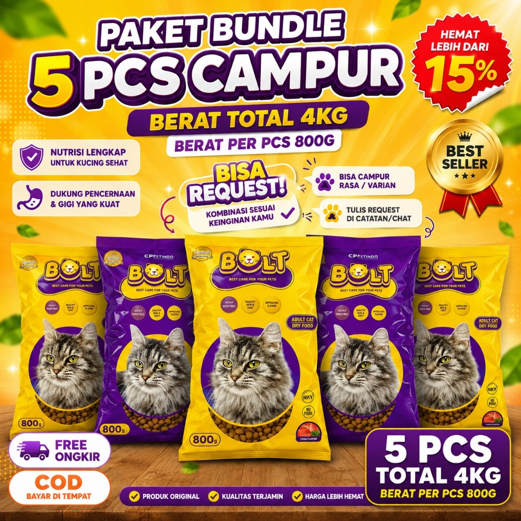 BOLT Paket Bundle 5 PCS Campur Makanan Kucing Adult Total 4KG Bisa Request Varian