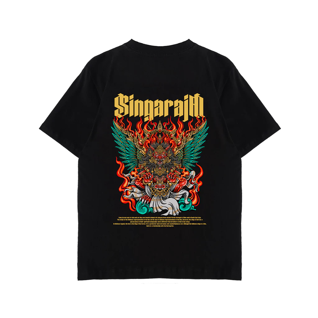 Kaos Pria Wanita Motif Ilustrasi Barong Singaraja Warna Mewah Gaya Khas Bali Casual Harian