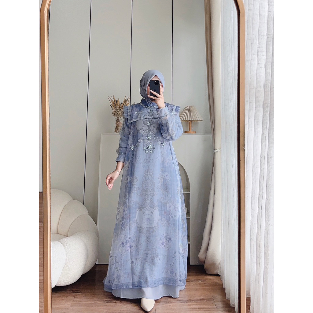 CANDY LADY Kalivia Ruffle Sethijab Maxi / Gamis Ceruty Wanita Terbaru / Gamis Motif Premium / Gamis 