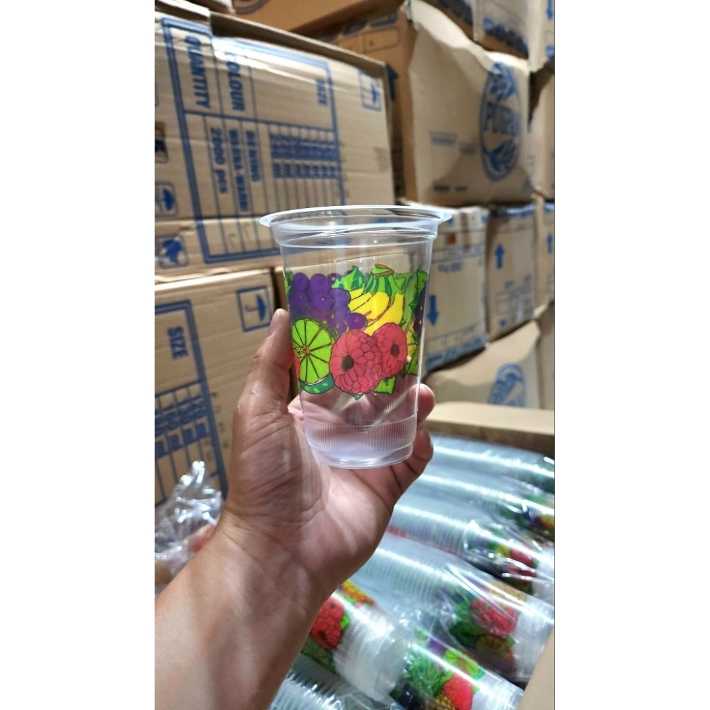 Gelas Cup Plastik Printing Buah 16oz isi 1000pcs / Gelas Cup Jus Juice  Sablon Buah