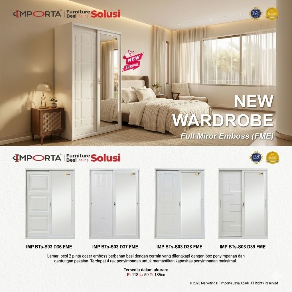 IMPORTA Lemari Pakaian Plat Besi 2 pintu Sliding Full Mirror Emboss Lemari Baju Plat Besi IMPORTA 2 