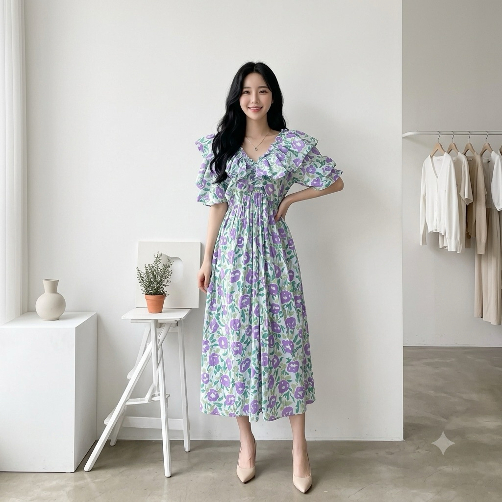 Dress Import Bangkok Floral Ruffle | Midi Dress Wanita Premium Elegant Puff Sleeve