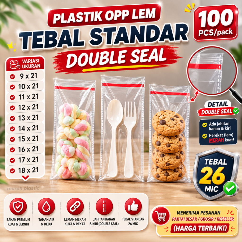 Plastik OPP Lem Tebal Standar 26 Micron Isi 100 pcs – Bening Seal Merah (9x21 10x21 11x21 12x21 13x2