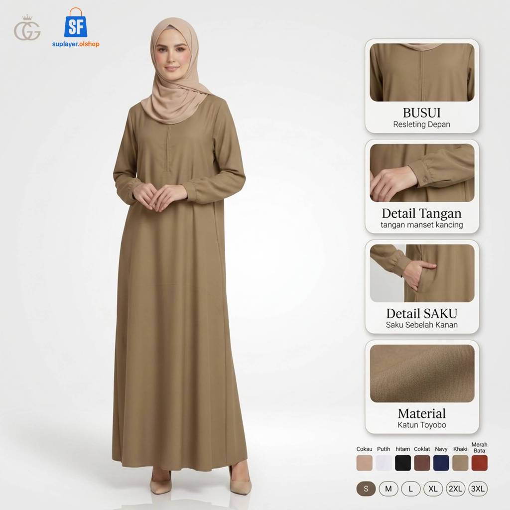 Gamis Seragam PNS Pemda Khaki Wanita Bahan Toyobo Premium - Baju Dinas ASN Abaya Manset Busui Friend