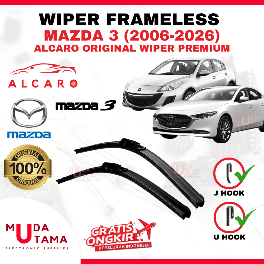 Wiper Frameless MAZDA 3 2006 s/d 2026 Original Alcaro - Sapu Kaca MAZDA 3 - Wiper MAZDA 3 Frameless 