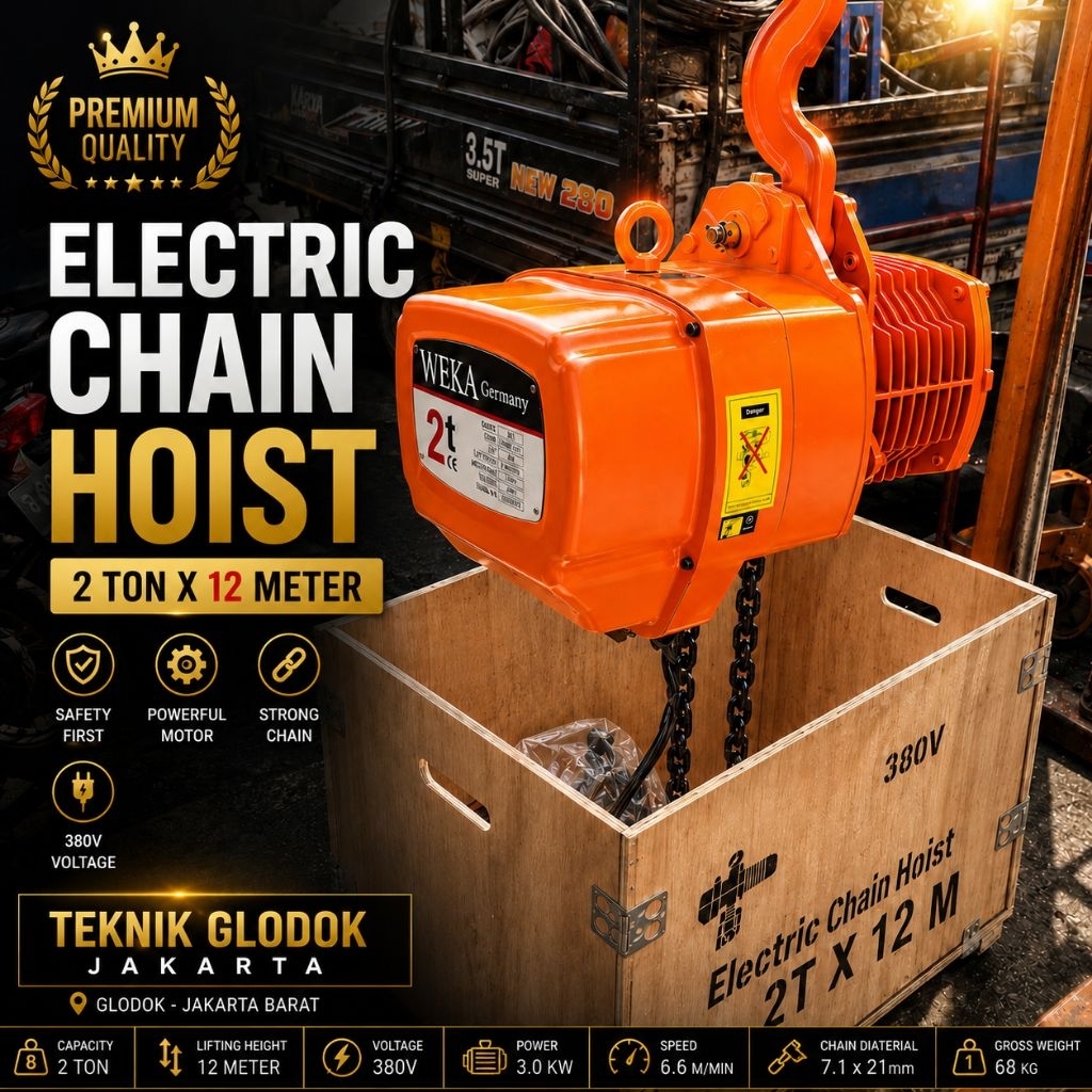 Electric Chain Hoist Weka 2 Ton 12 Meter 380V Katrol Listrik Chain Block Hoist Derek Elektrik