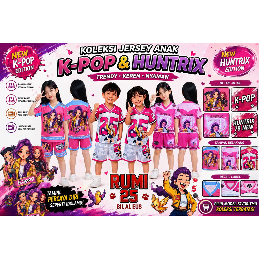 STELAN JERSEY ANAK-ANAK KARAKTER KPOP DEMON HUNTER RUMI / BAJU ANAK-ANAK
