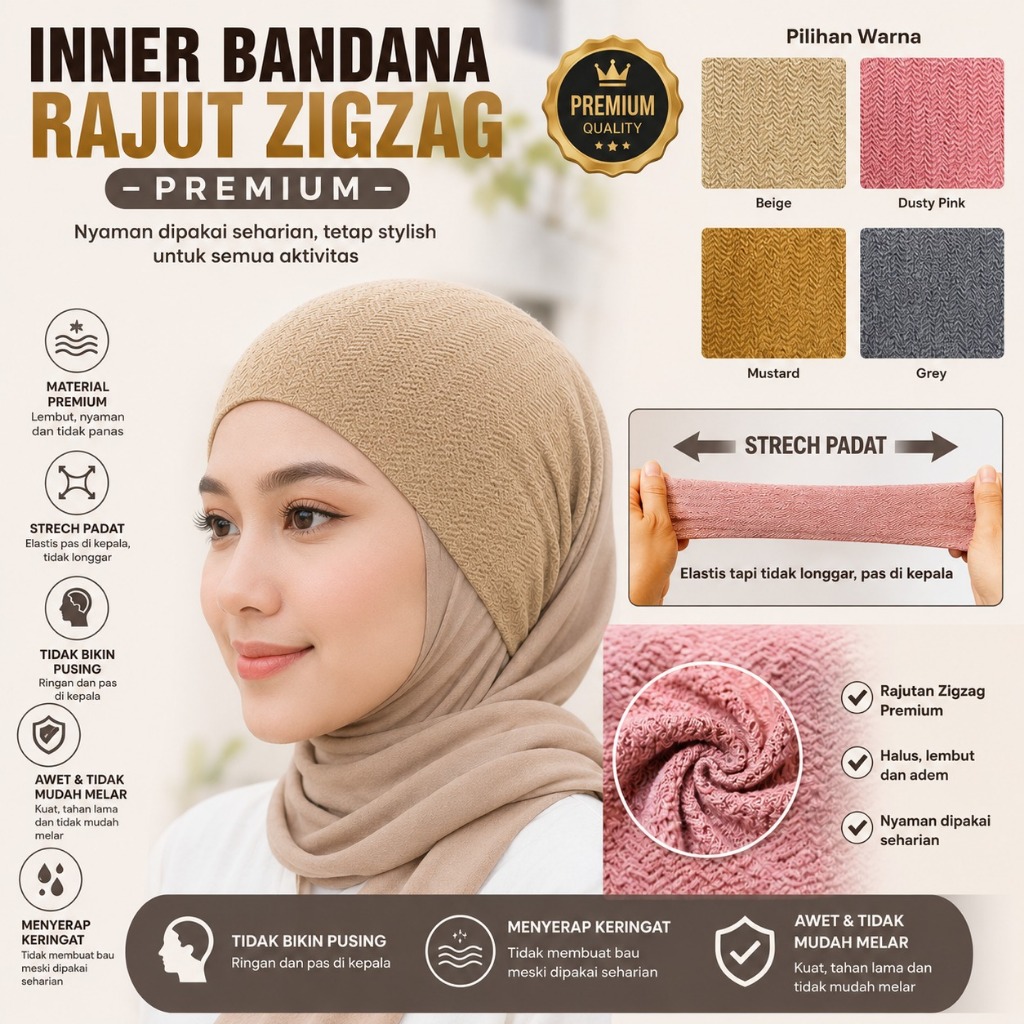 INNER RAJUT ZIGZAG BANDANA PREMIUM / INNER HIJAB RAJUT MOTIF ZIGZAG