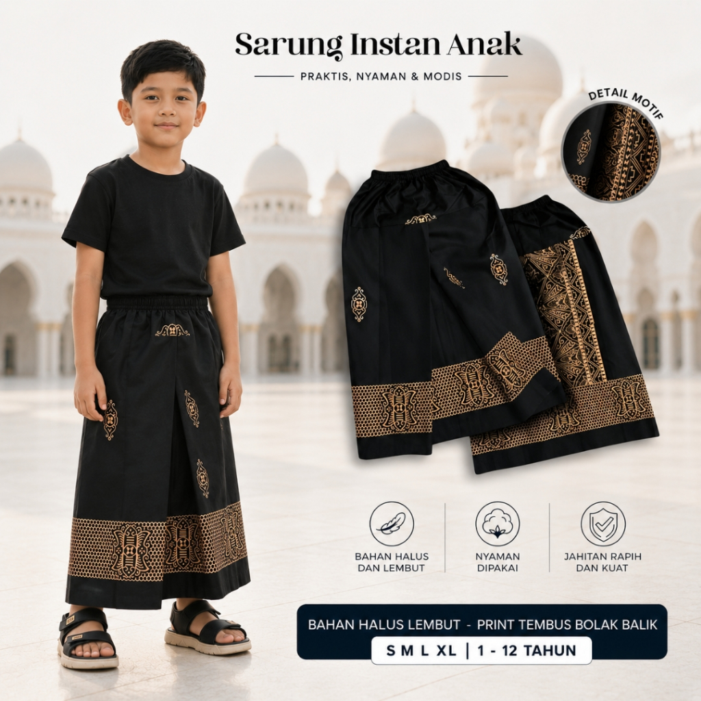 Sarung Anak Instan Usia 1 - 11 Tahun Katun Sarwin Balimun Hitam Putih New Color Seragam TK - SD