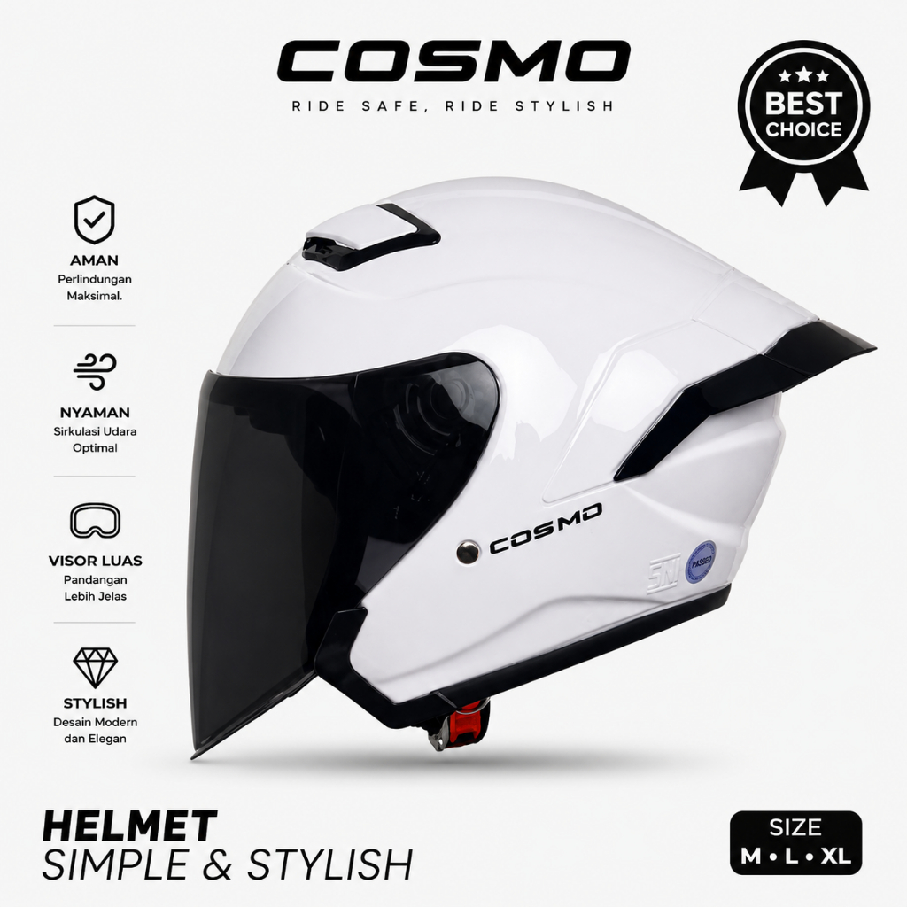 Helm Half face Hkm Cosmo White Free Spoiler Helm Terbaru Helm Dewasa Untuk Pria Wanita SNI Kekinian 