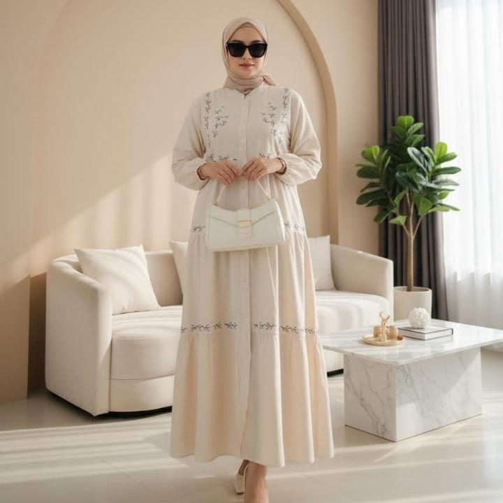 Azzura Midi Dress Gamis Panjang Salur Bordir Ruffle