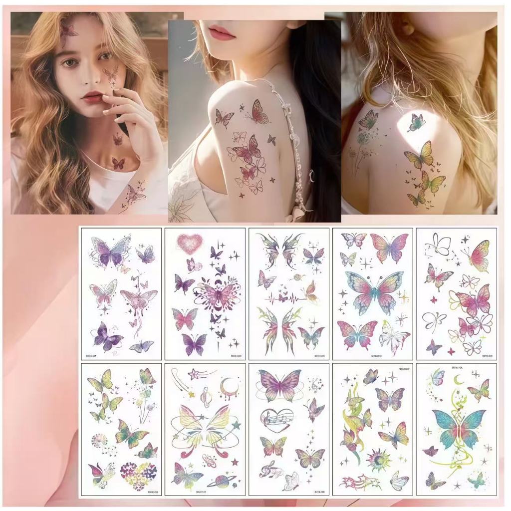 Stiker tato kupu-kupu berkilau berwarna  Tato Temporer Tahan Air tato keren tahan
