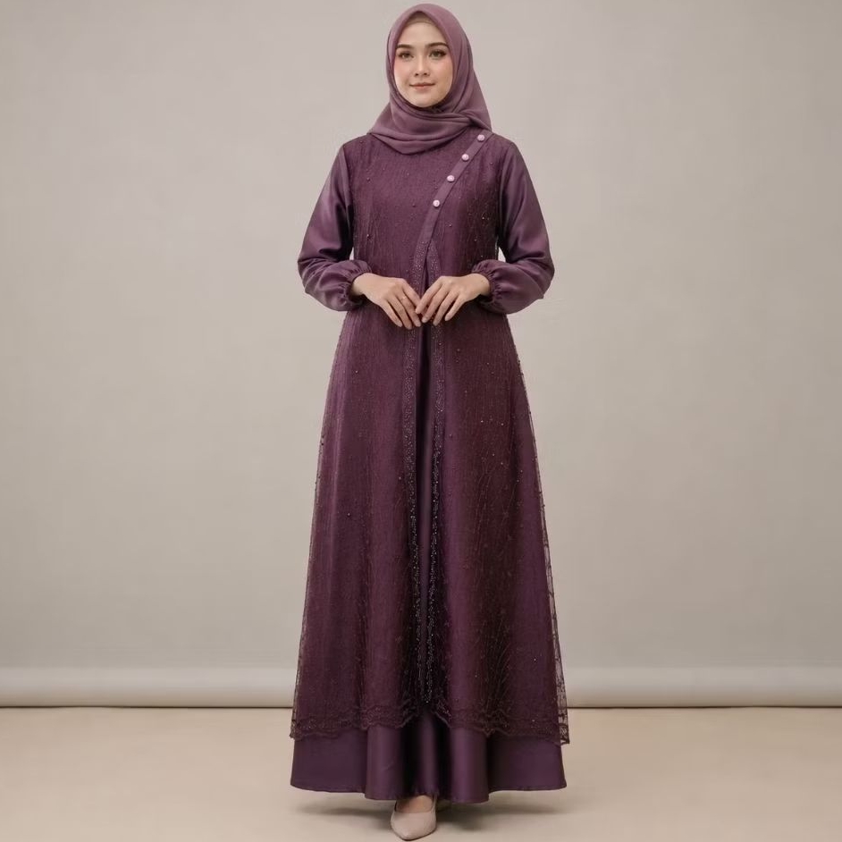 Liliarda Gamis Silk Kombinasi Tile Elegan Adem Nyaman Dress Brokat Kondangan untuk Tampilan Mewah  M
