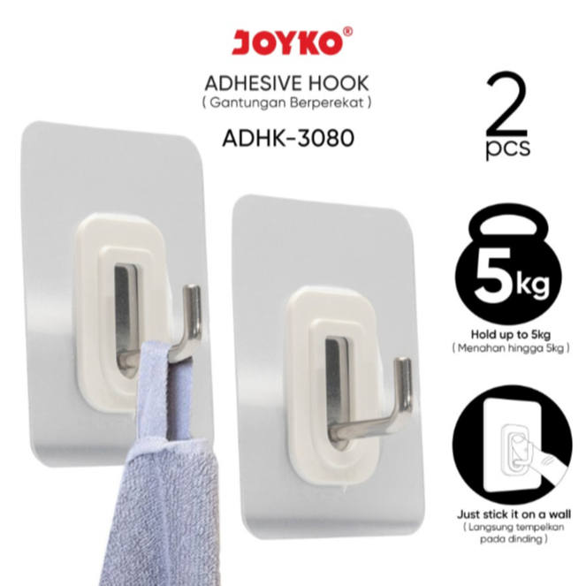 ( 1 SET ISI 2 PCS ) GANTUNGAN DINDING JOYKO ADHK-3080 / Adhesive Hook Tempelan Dinding Berperekat Jo