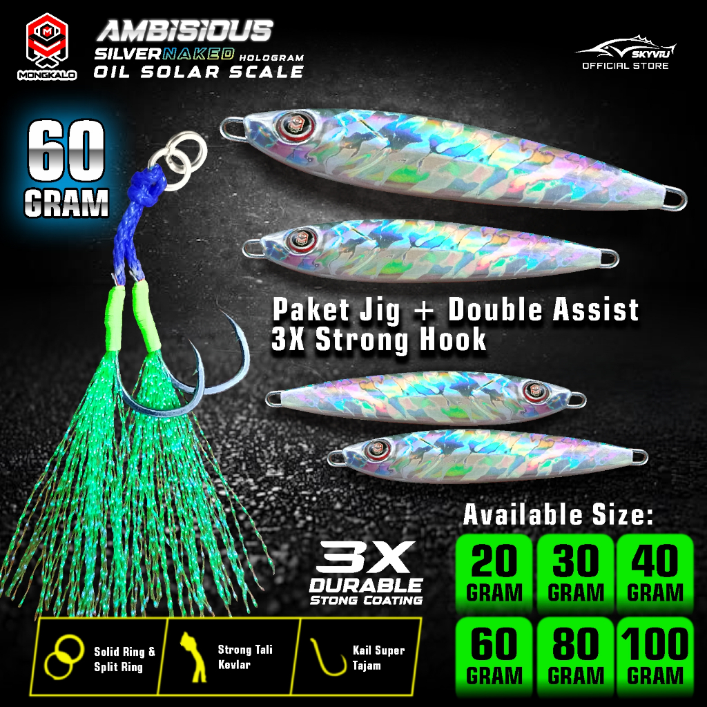Metal Jig 60 Gram MONGKALO AMBISIOUS Naked Hologram Silver Lengkap 1 Set Double Assist Hook 60gr Ump