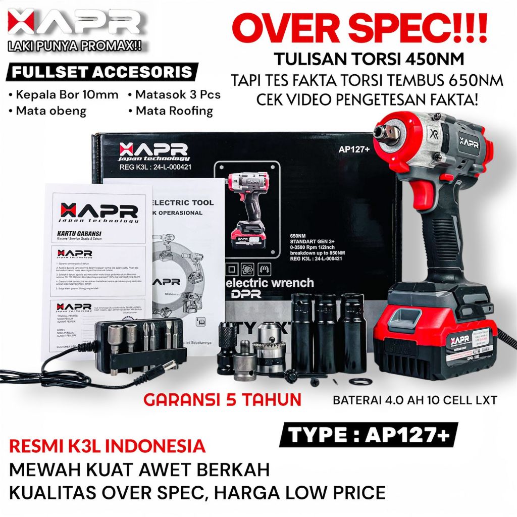 Impact Wrench Brushless 1 baterai Mesin Impact Buka Baut Cvt motor APR AP127+ 650NM