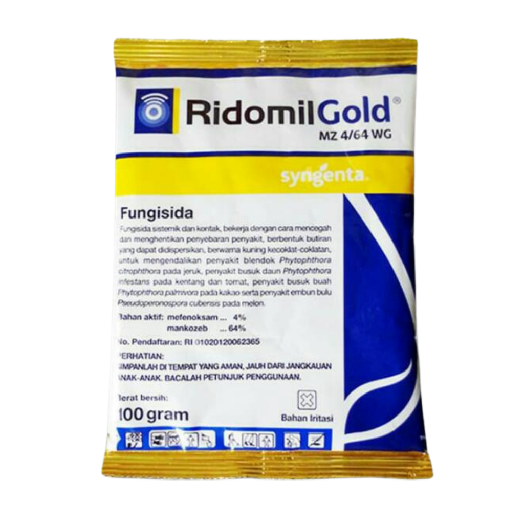 Fungisida RIDOMIL GOLD MZ 4 64 WG  Syegenta Bahan Aktif Mefenoksam dan Mankozeb 100 Gram ORIGINAL