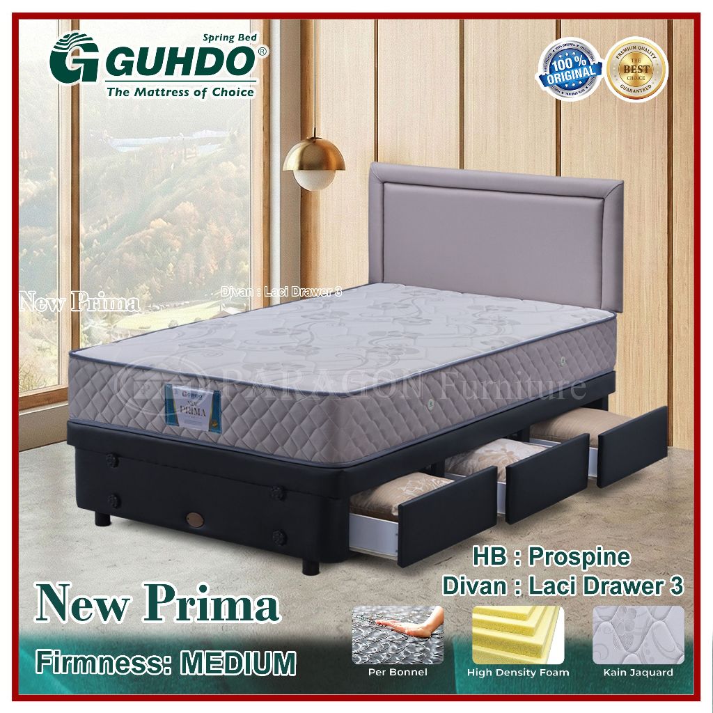 Guhdo Spring bed New Prima Spinal Spring T25, Divan Laci Drawer 3, HB Prospine, Atlantic 090 100 120