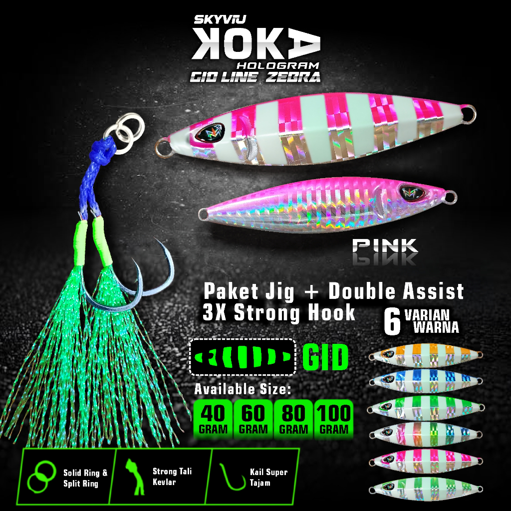 Umpan Metal Jig 100 Gram SKYVIU KOKA Hologram Garis GID Zebra 1 Set Double Assist Hook Jigging Lure 
