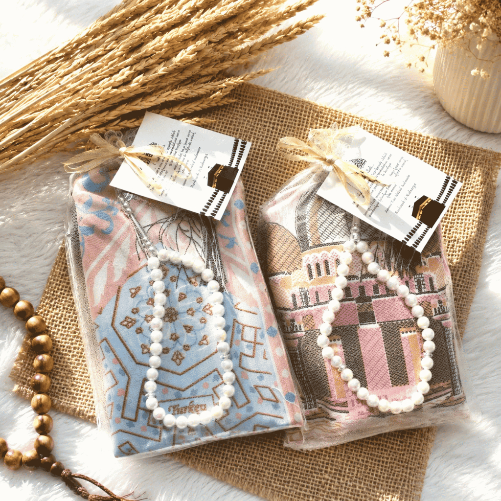 Souvenir Sajadah Travel Dewasa Pouch+Tasbih | Souvenir Pernikahan, Aqiqah, Pengajian, Haji Umroh
