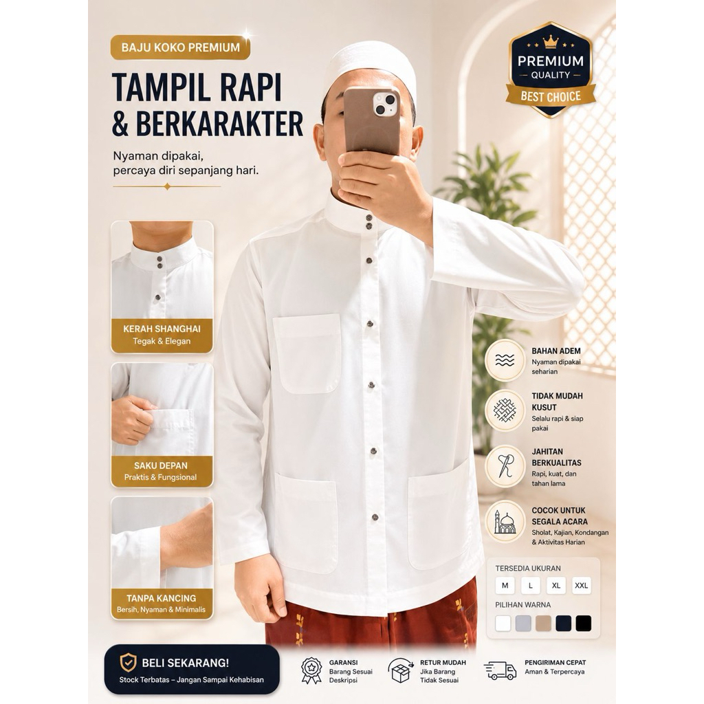 Baju Koko Muslim Pria Dengan Bahan Kain Haramain Premium