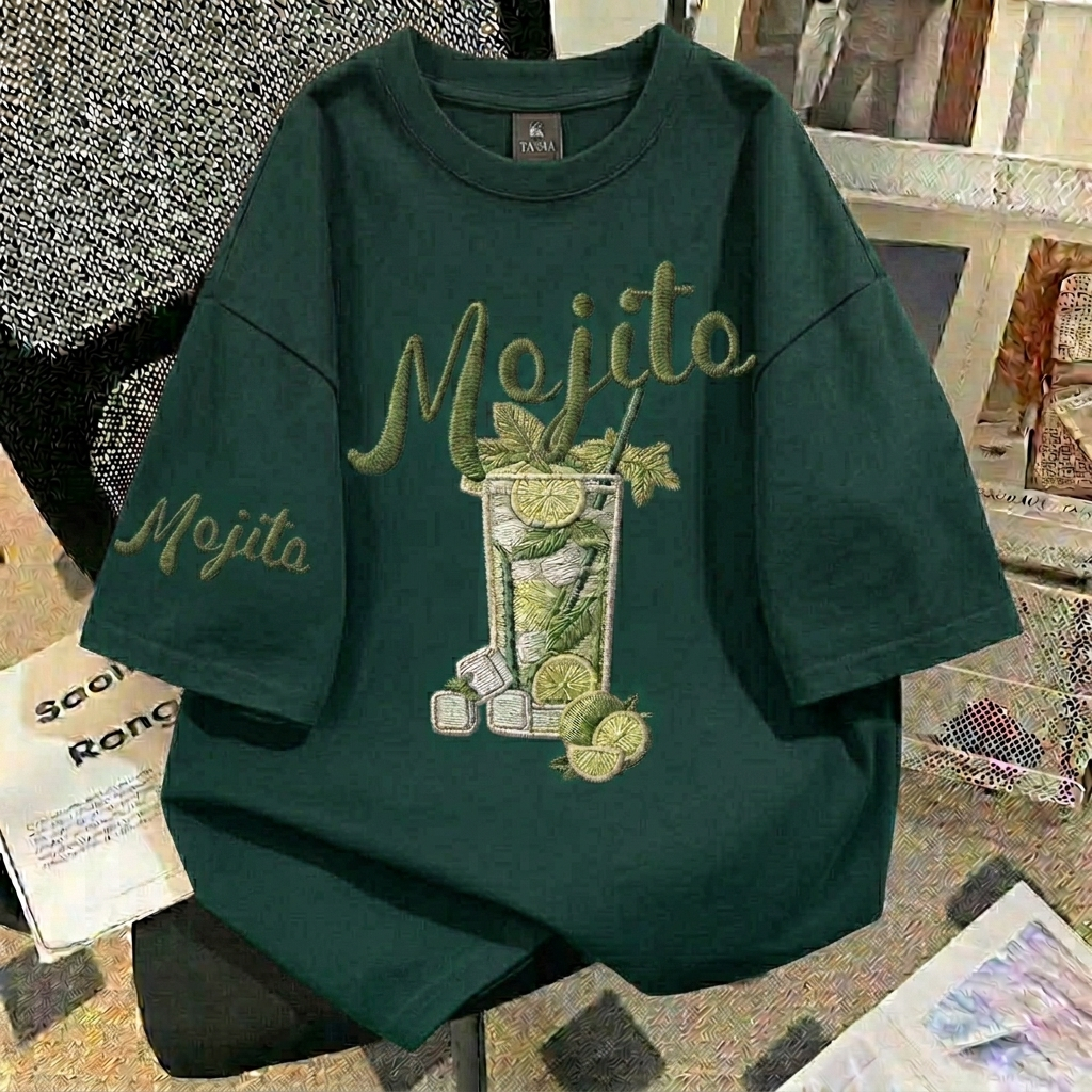 American retro Style T-shirt Oversize MOJITO yang Imut Print top | Kaos Wanita Cokelat | Kaos pria d