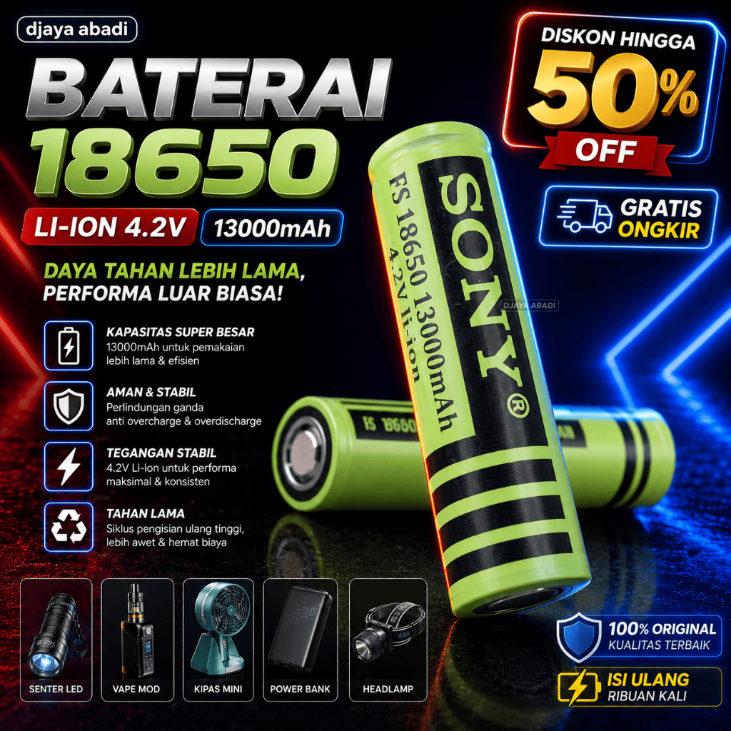 Baterai Isi Ulang  Sony Li-Ion 18650 13000mAh 4.2 Volt -  Batre Cas Sony 18650 Lithium 4.2 Volt Awet