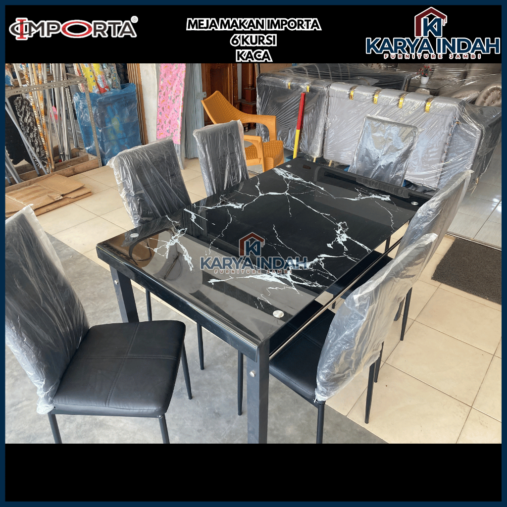 Meja Makan Kaca IMPORTA PEVITA Marble Hitam 6 Kursi Besi Modern Minimalis