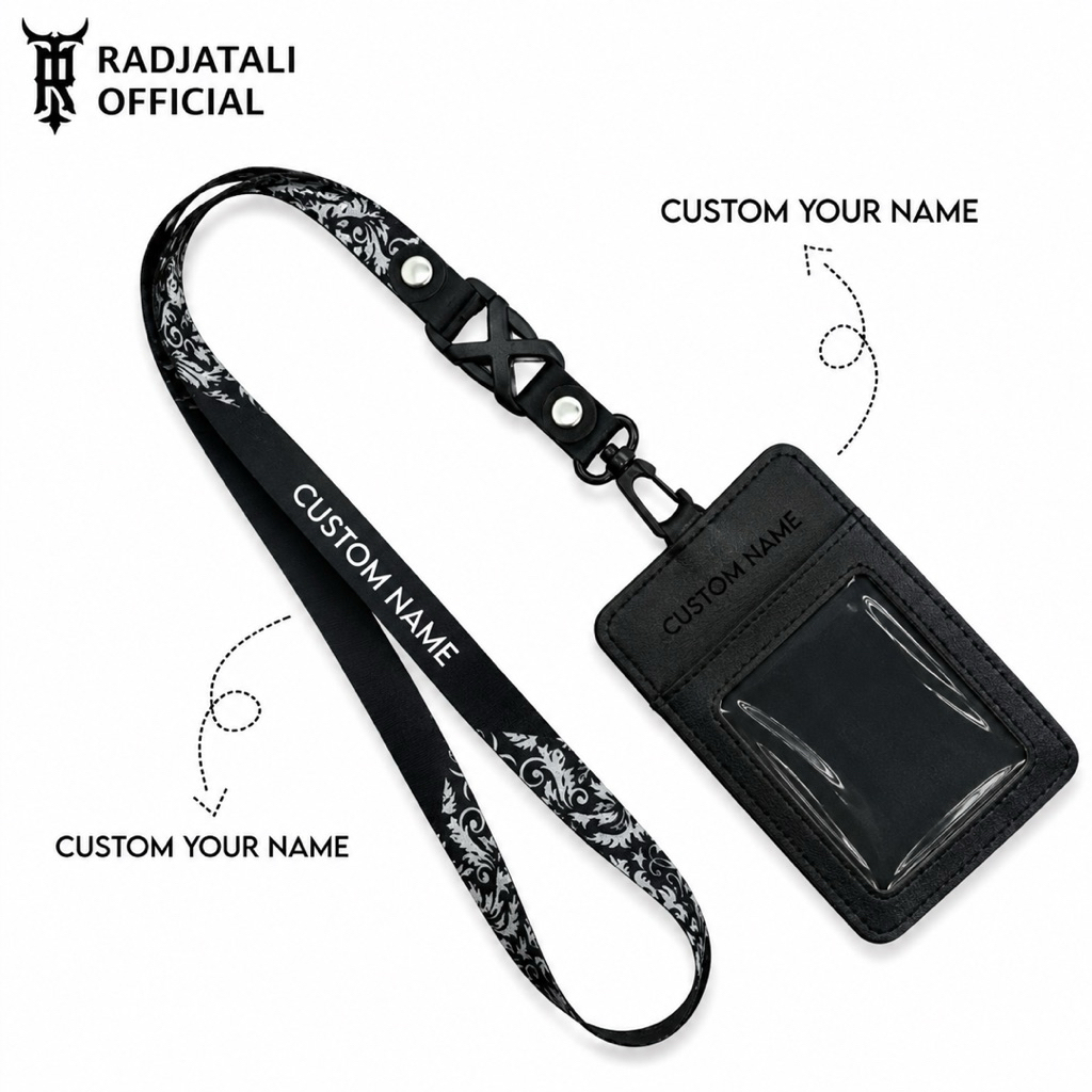 Lanyard Kulit Holder ID Card Custom Nama Grafir Leather - BLACK